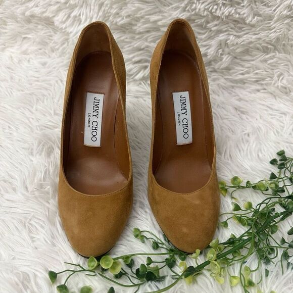 Jimmy Choo Laria Canyon Brown Suede Round Toe Wood High Heel Pump sz 34 EU/ US 4 - Picture 2 of 8